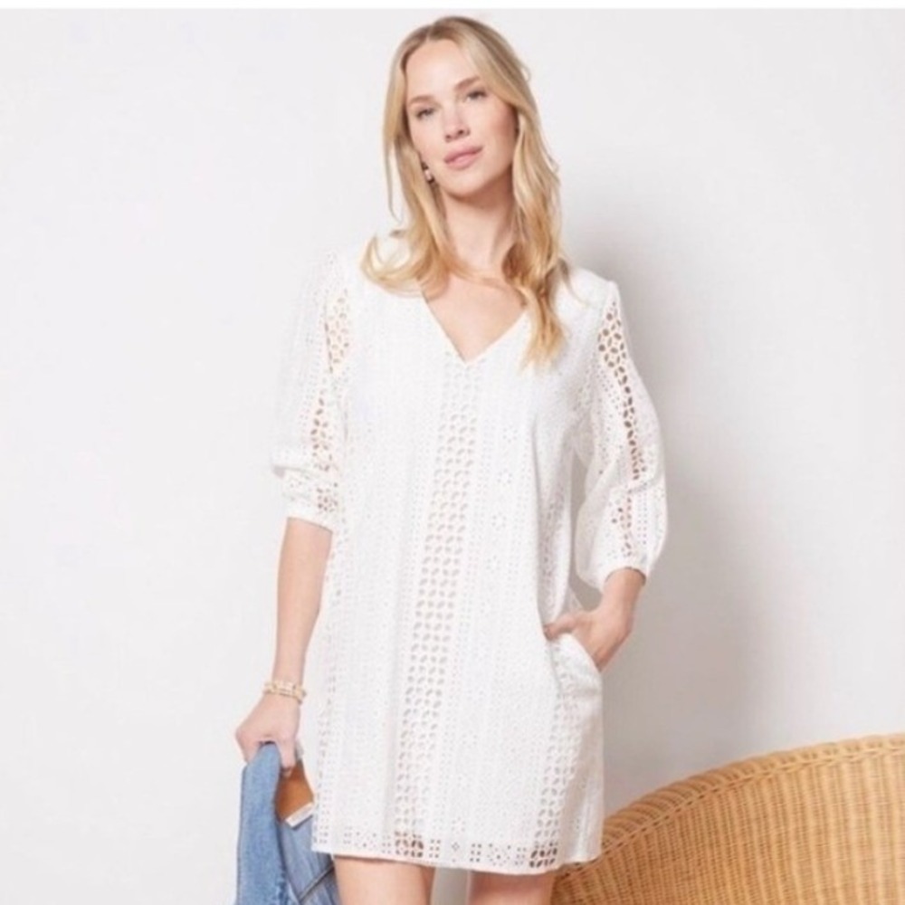 Evereve Eyelet Shift Dress White M Embroidery Balloon Sleeve Pockets Summer